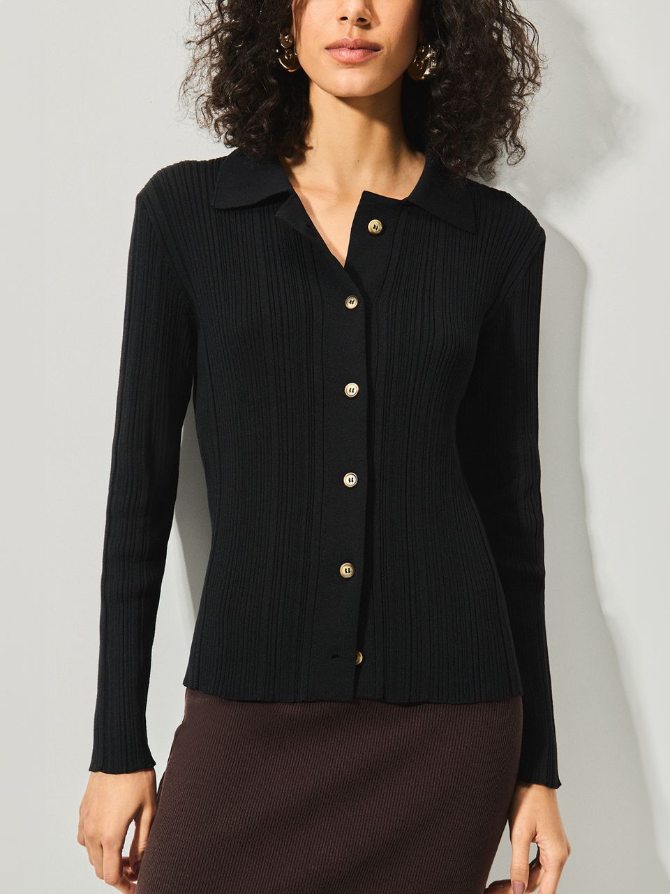 Camisa com Botões Canelada Preto
