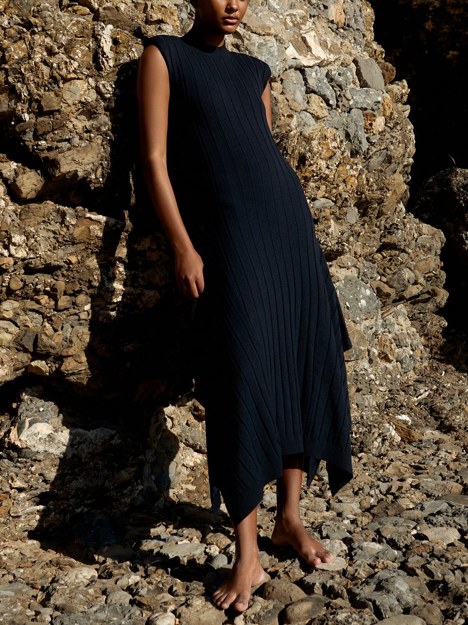 Vestido Regata Efeito Plissado Azul Meia Noite