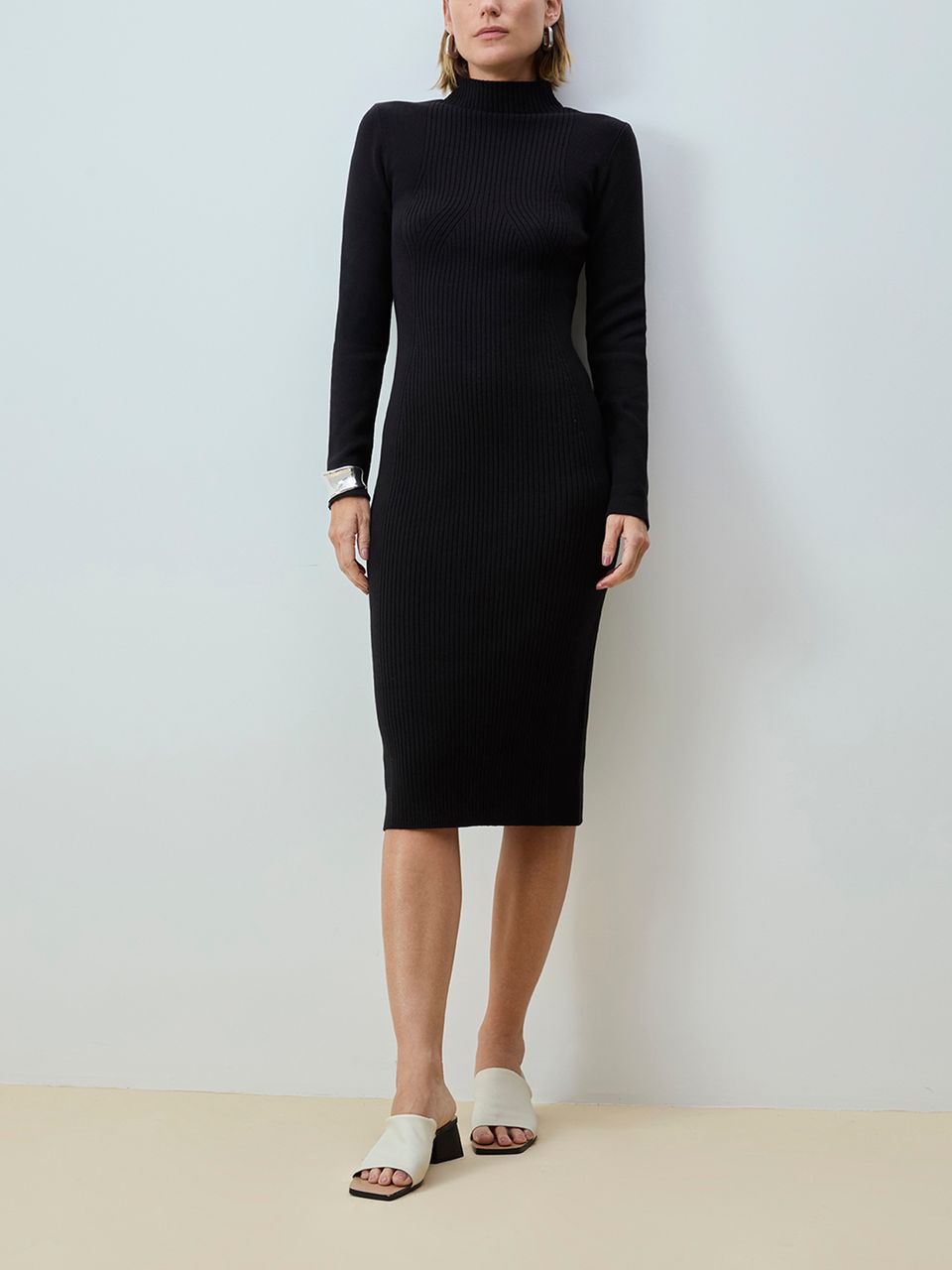 Vestido Midi Canelado Manga Longa  Preto