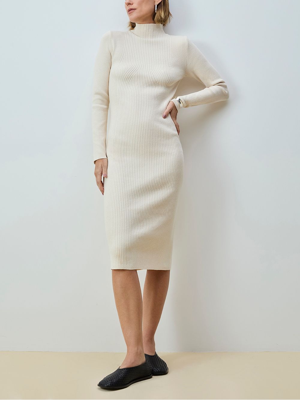 Anselmi — Vestido Midi Canelado Manga Longa  Cru