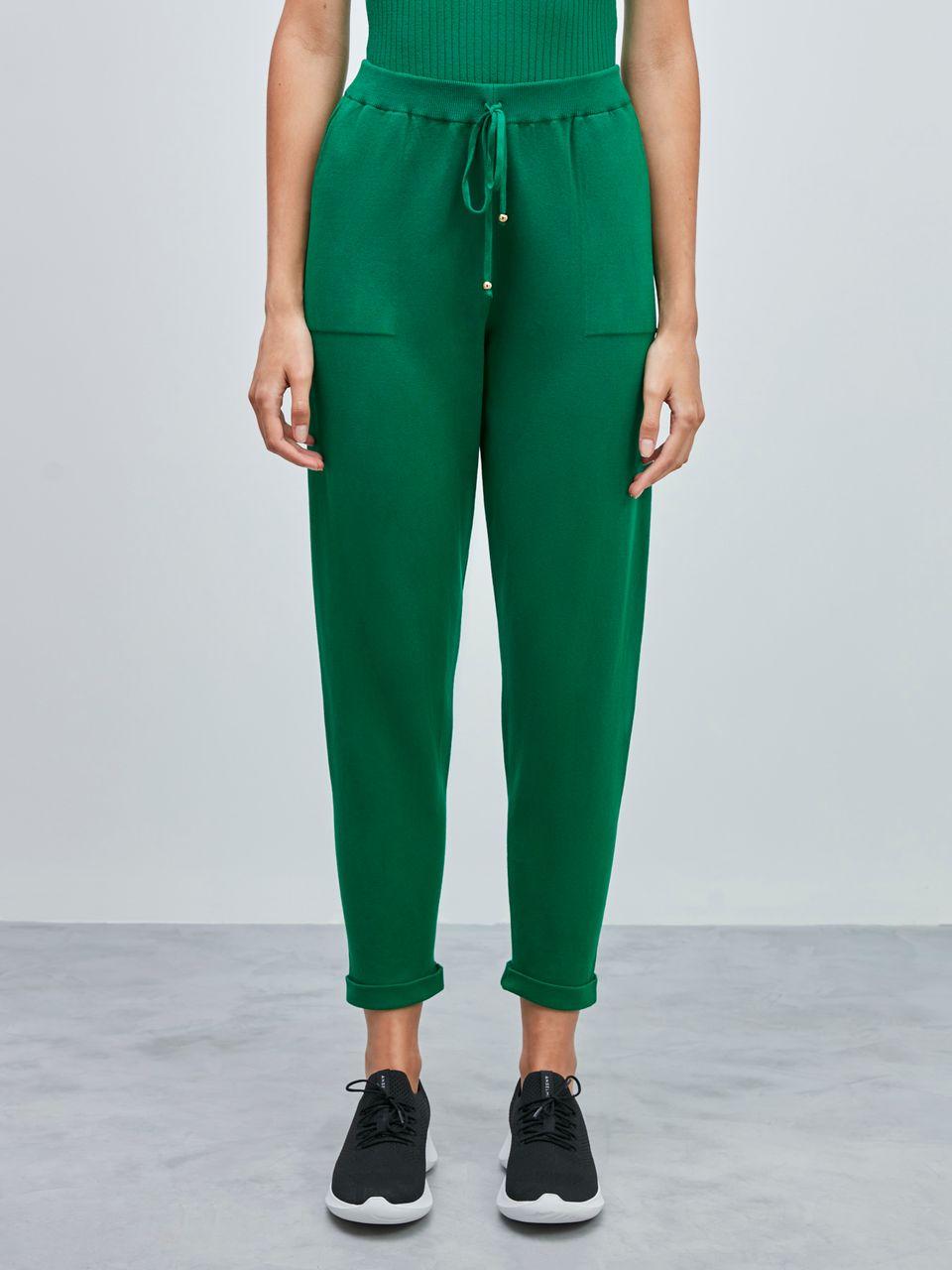 Calça em Tricô com Barra Italiana Verde Pinheiro