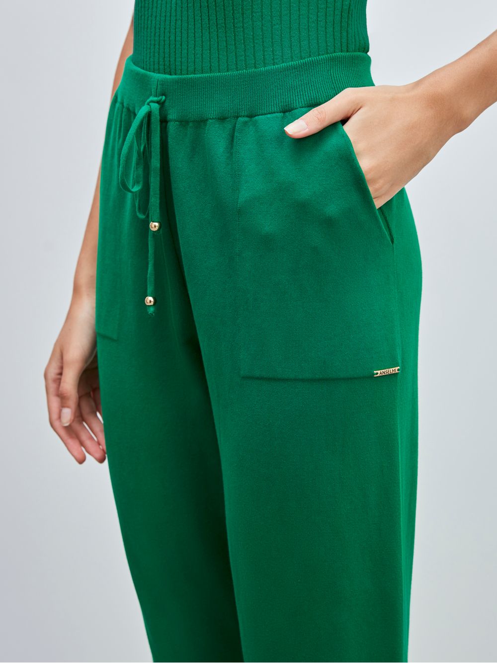 Anselmi — Calça em Tricô com Barra Italiana Verde Pinheiro