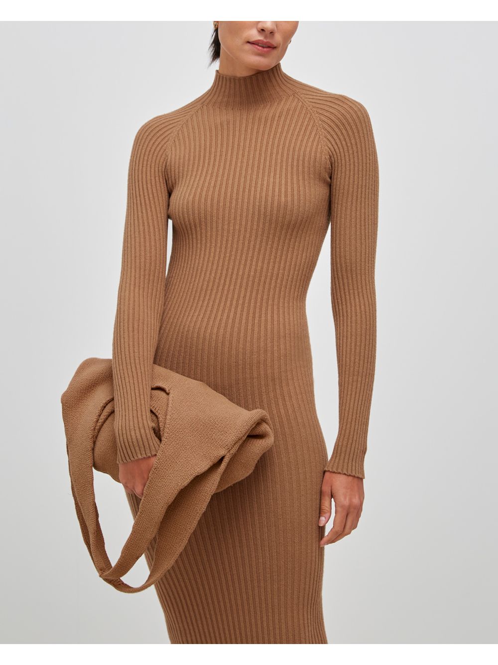 Anselmi — Vestido Midi Canelado Manga Longa Camelo