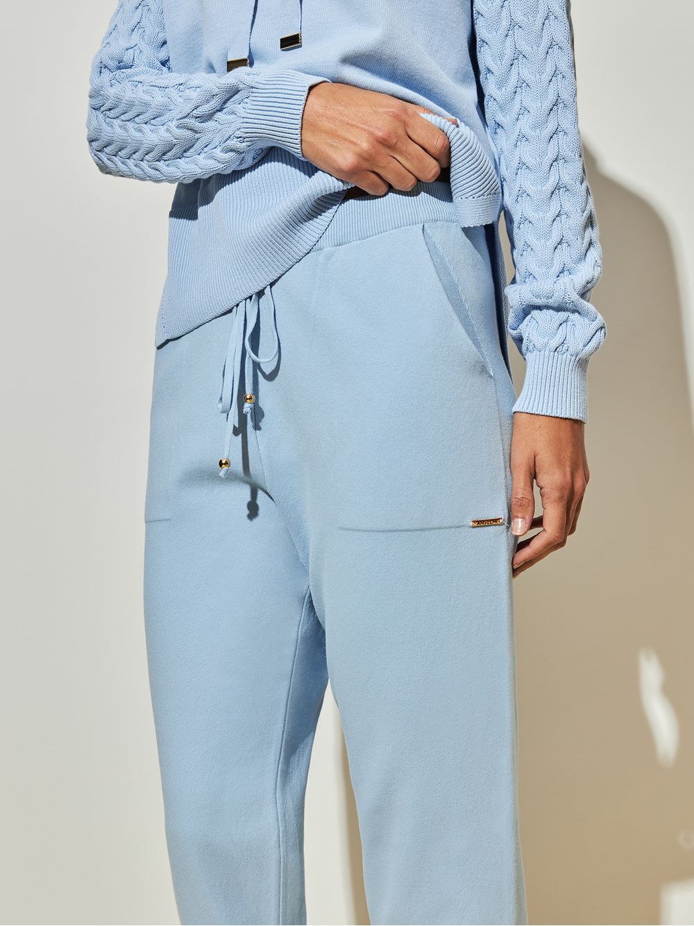 Anselmi — Calça em Tricô com Barra Italiana Azul Gelo