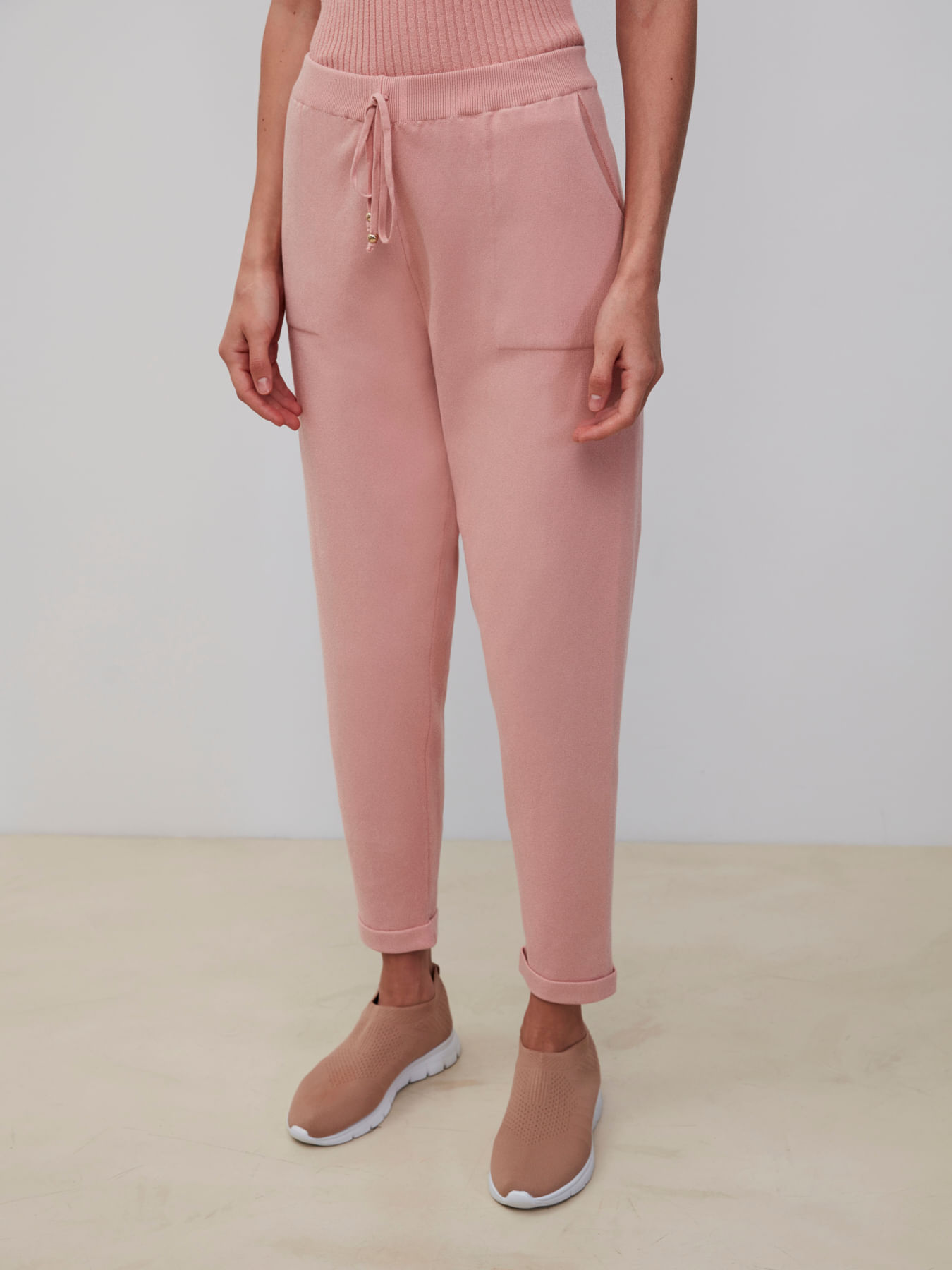 Calça em Tricô com Barra Italiana Argila Rosa — Anselmi