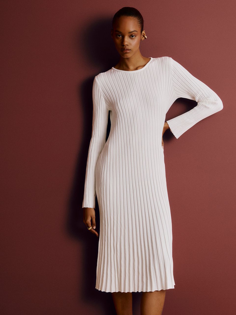 Vestido Midi Efeito Plissado Off White