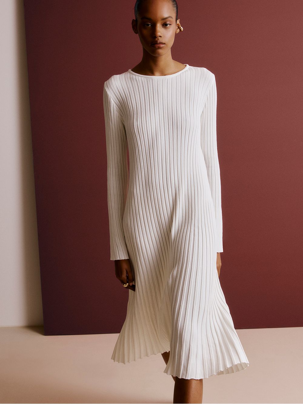 Anselmi — Vestido Midi Efeito Plissado Off White