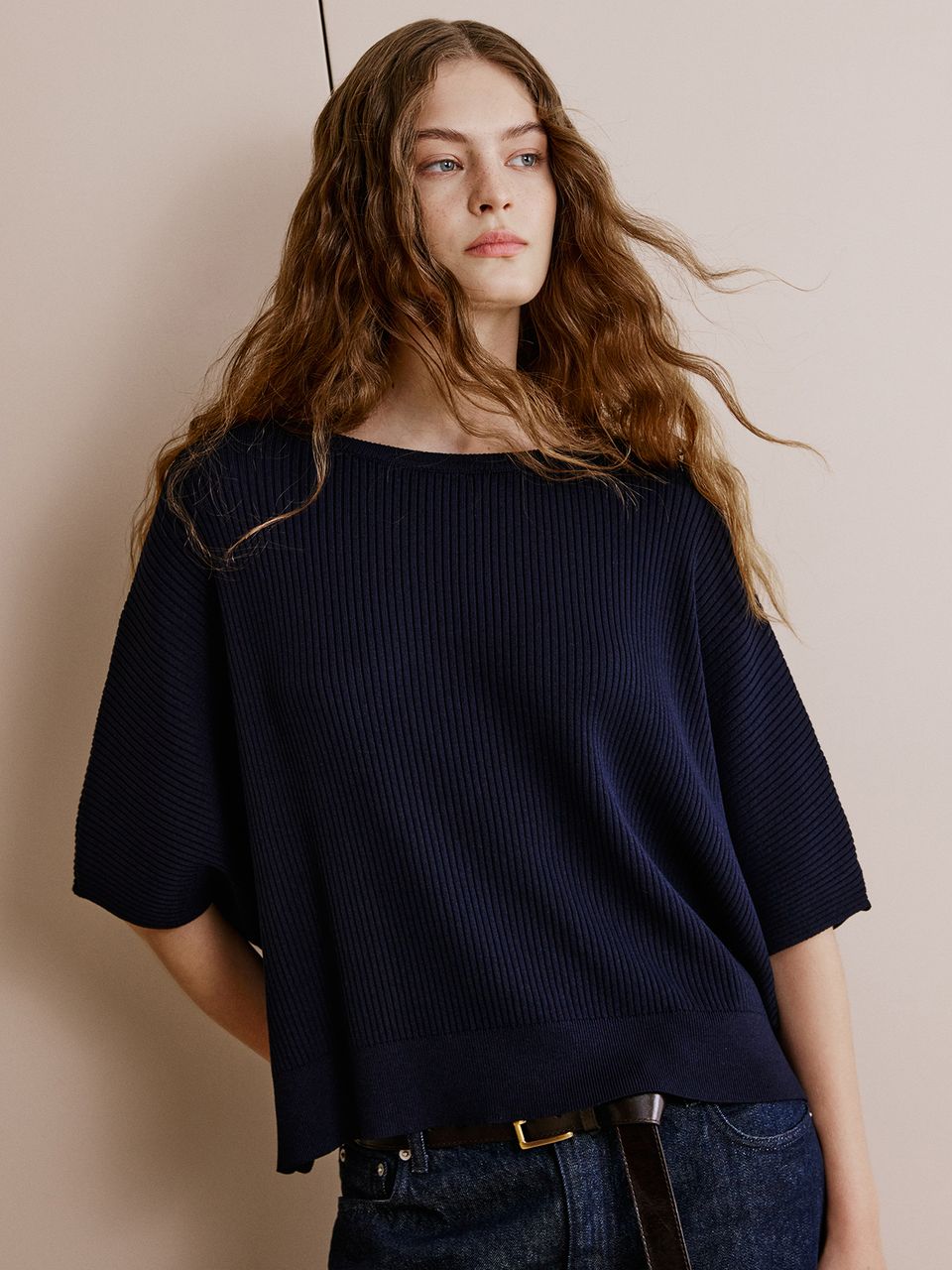 Blusa Ampla Canelada Azul Meia Noite