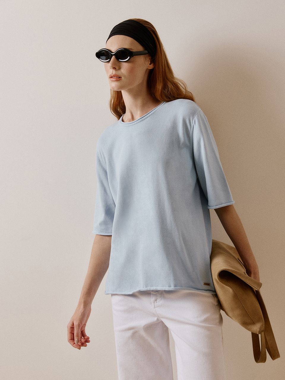 Blusa Básica Manga Rolinho Azul Gelo