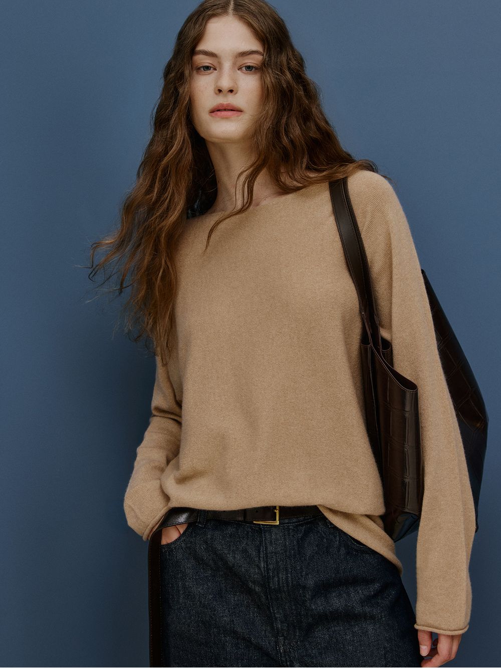Anselmi — Suéter 100% Cashmere Gola Canoa Bege