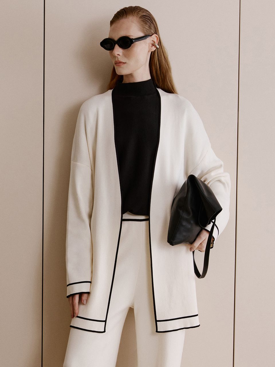 Casaco Longo de Tricô com Viés Off White