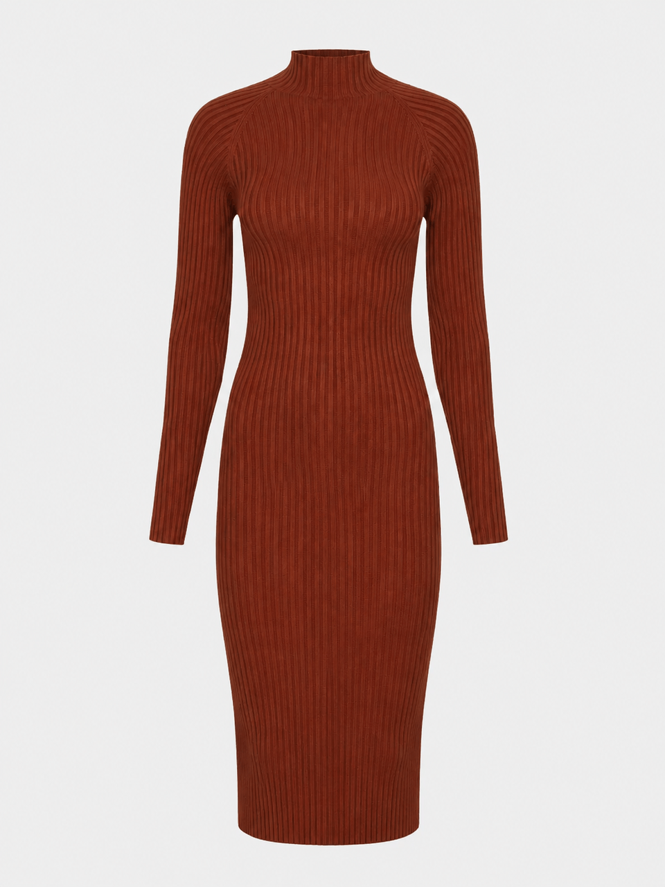 Vestido Midi Canelado Manga Longa Ferrugem