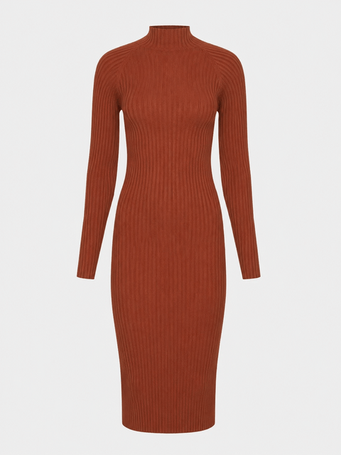 Vestido Midi Canelado Manga Longa Terracota — Anselmi