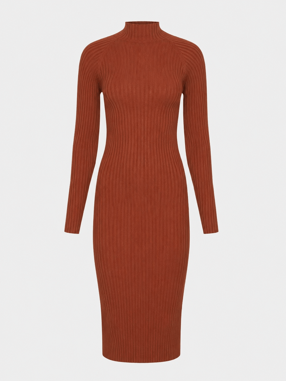 Vestido Midi Canelado Manga Longa Terracota