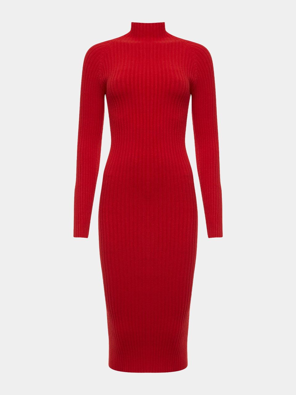 Vestido Midi Canelado Manga Longa Vermelho