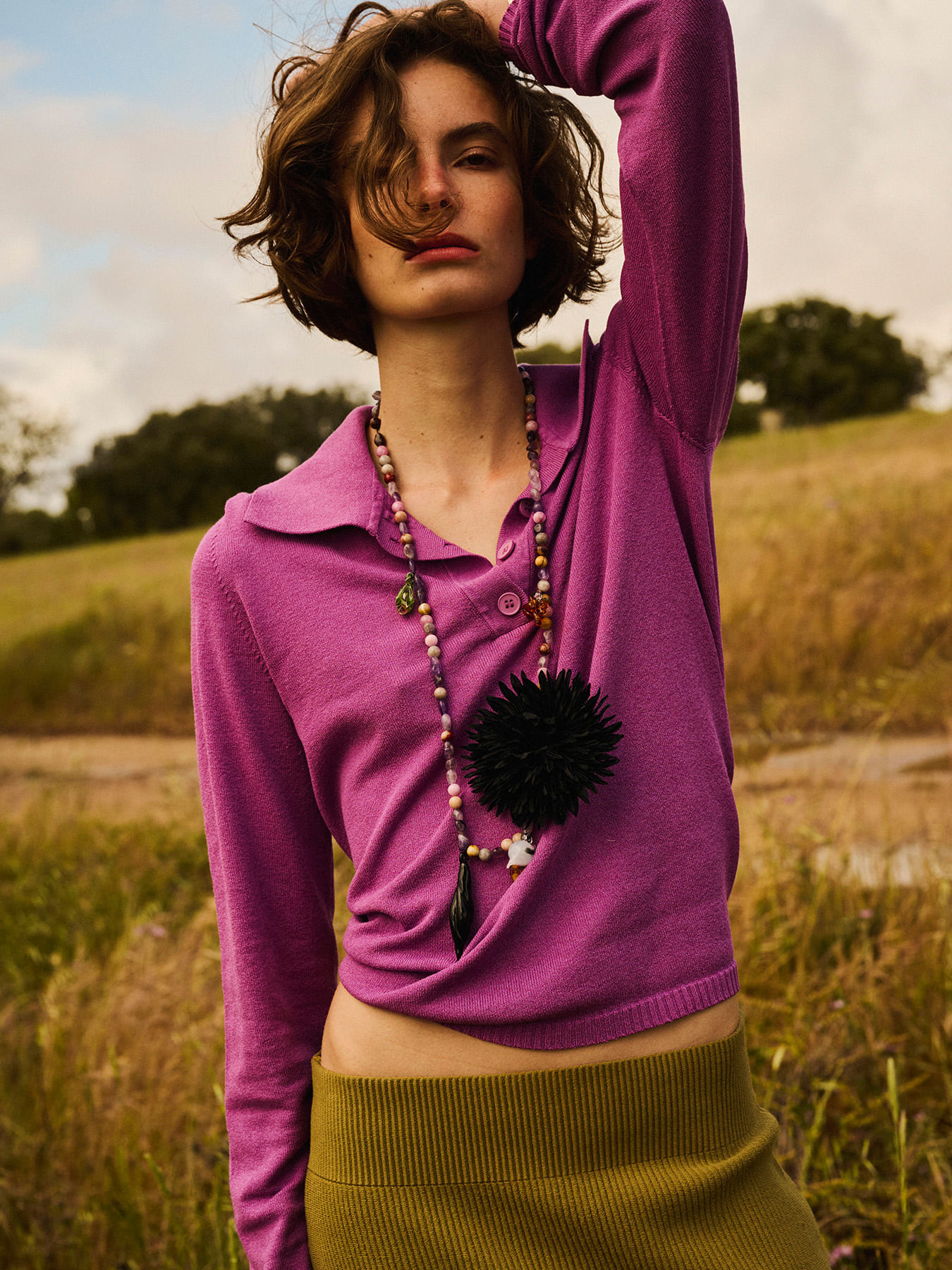 Blusa de Tricô 3d com Gola Polo Abotoada Violeta — Anselmi