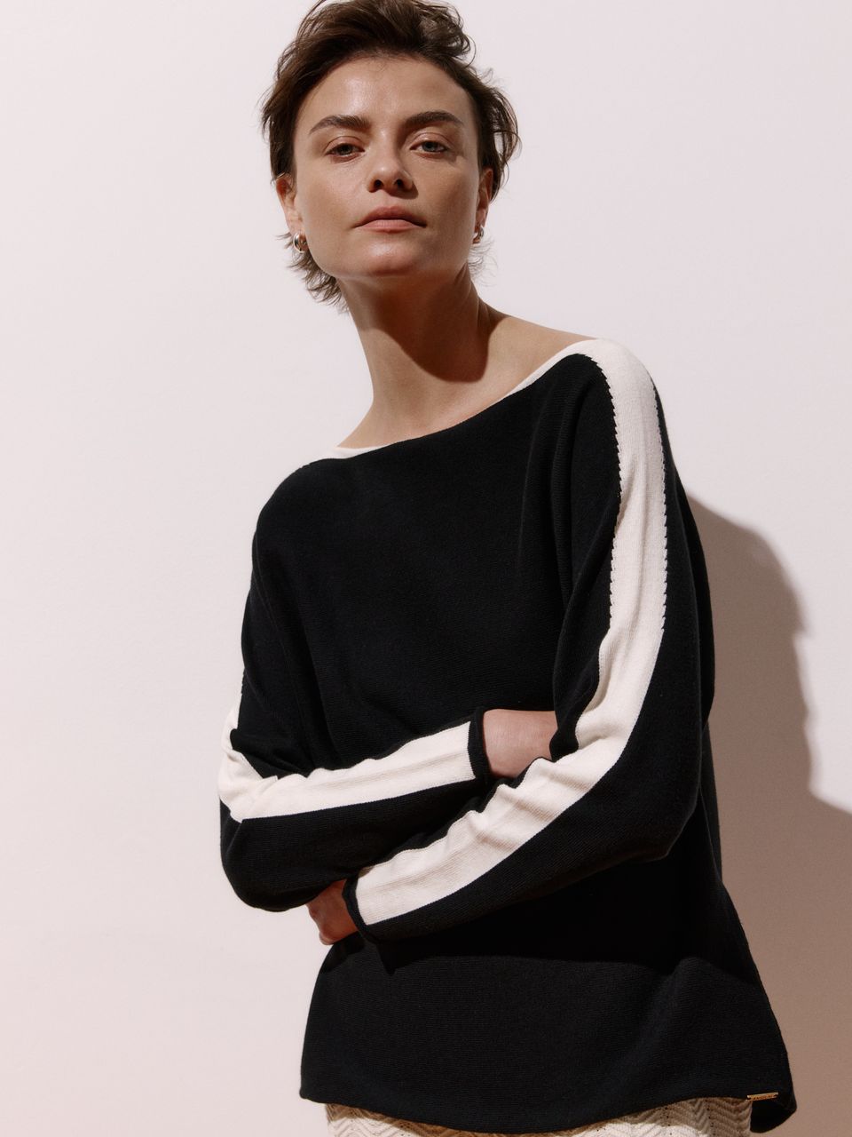 Blusa de Tricô 3d com Intársia Bicolor Preto