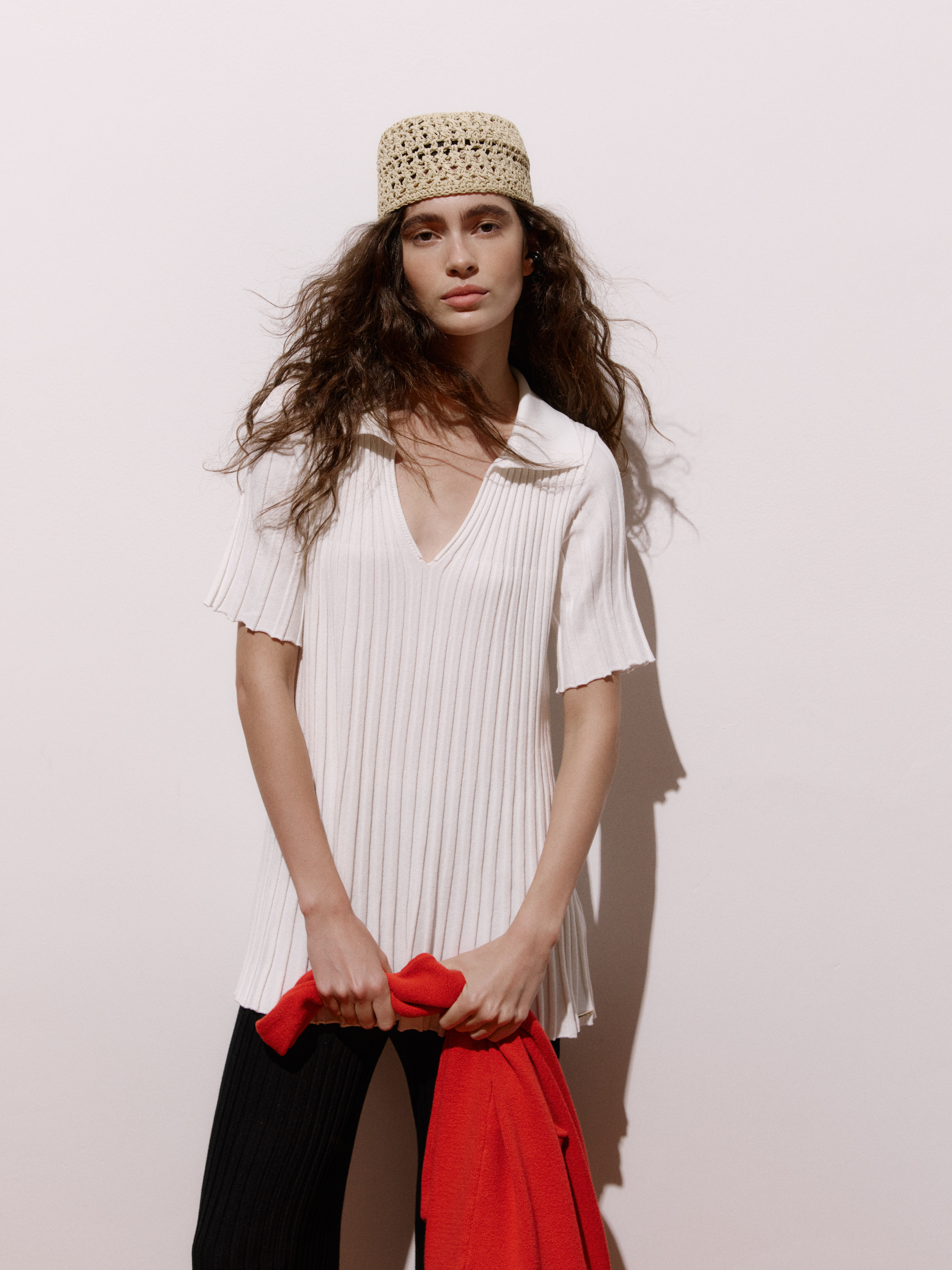 Blusa Plissada Evasê Gola Polo Tencel™ Modal Off White — Anselmi