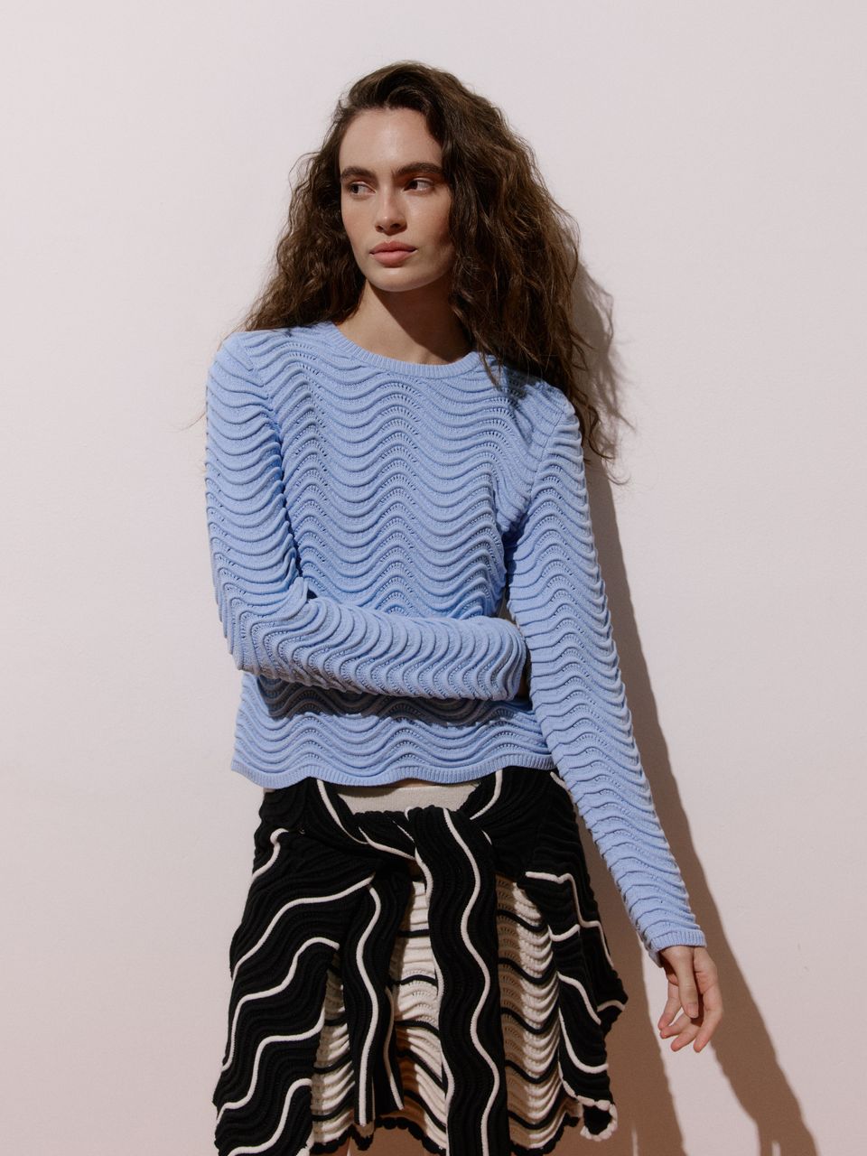 Blusa de Tricô em Algodão com Ponto Ondas Azul Gelo