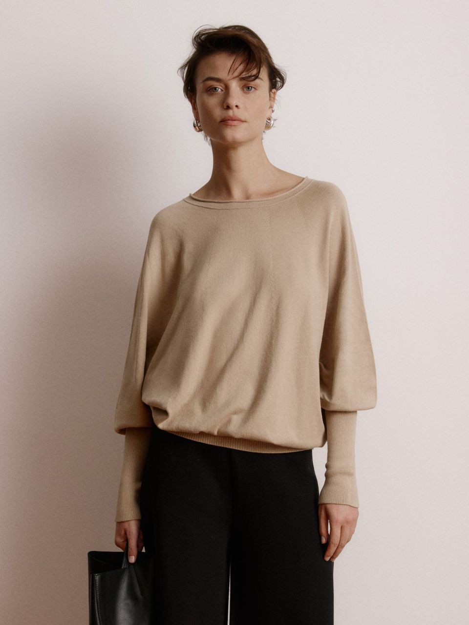 Blusa Ampla de Tricô com Punhos Altos Castor