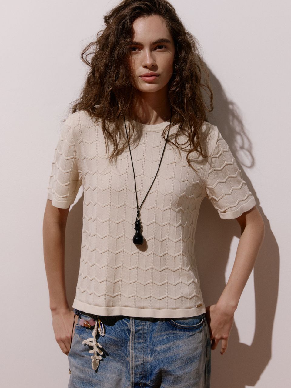 Blusa de Tricô em Modal com Manga Curta Cru