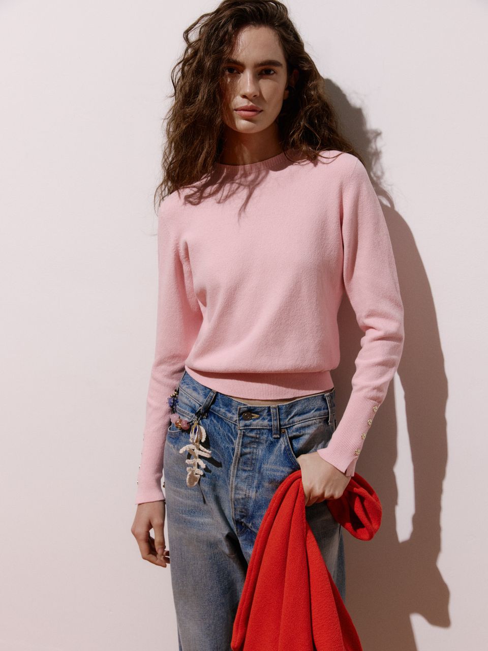 Blusa de Tricô 3d com Detalhe em Botões No Punho Rosa Pó