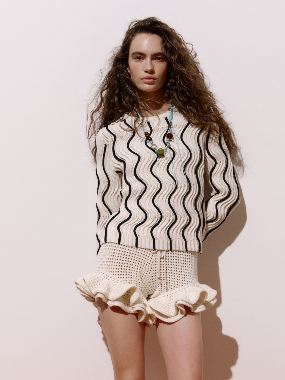 Blusa de Tricô Bicolor em Ponto Ondas Off White