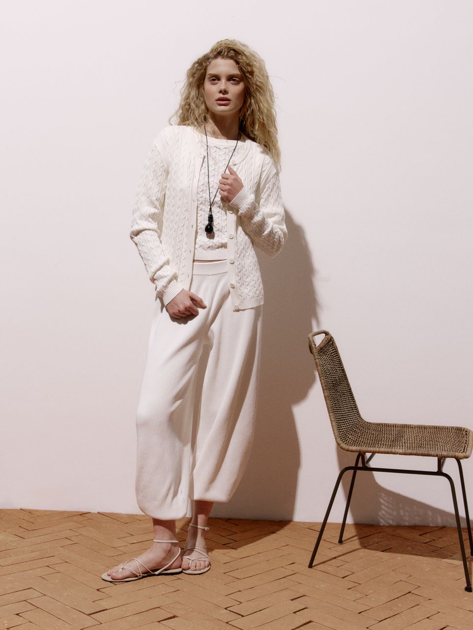 Calça Balloon de Tricô Canelada Off White