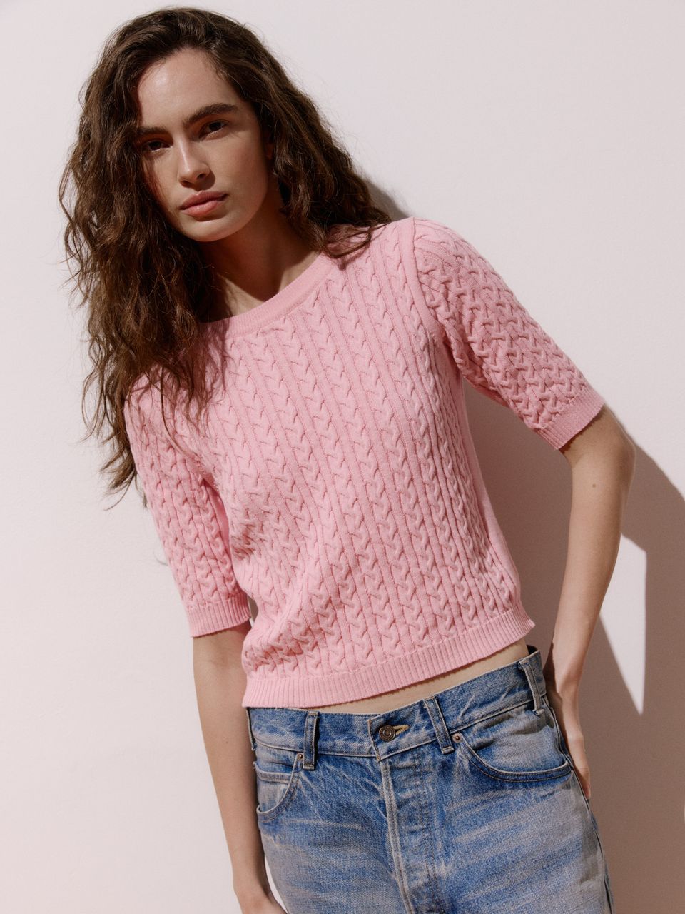 Blusa de Tricô em Algodão com Tranças Rosa Pó