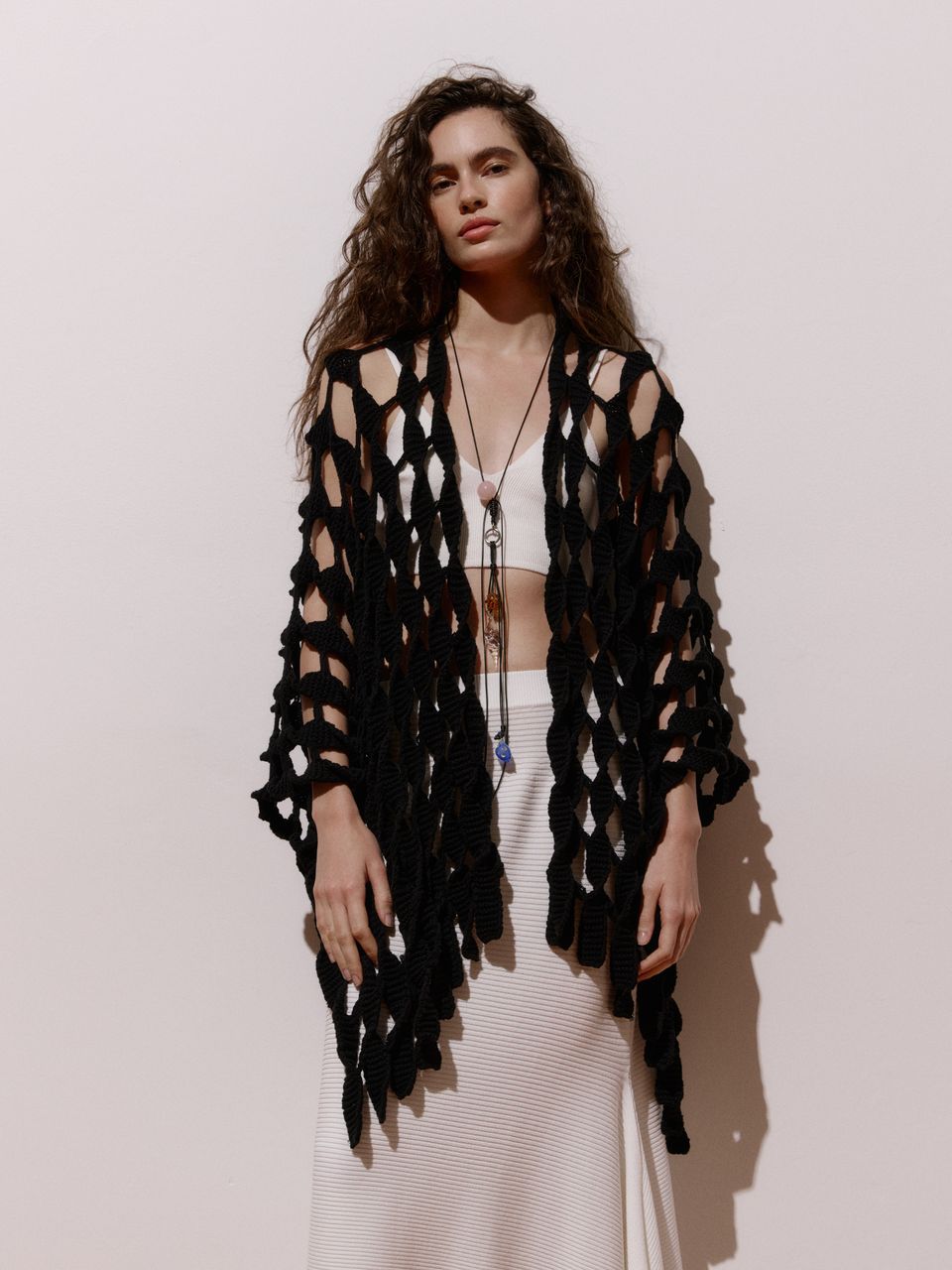Kimono Longo de Tricô Vazado Preto