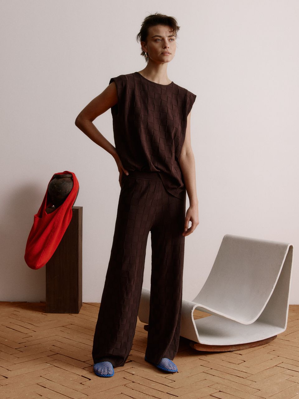Calça Pantalona de Tricô em Ponto Links com Cós Elástico Chocolate