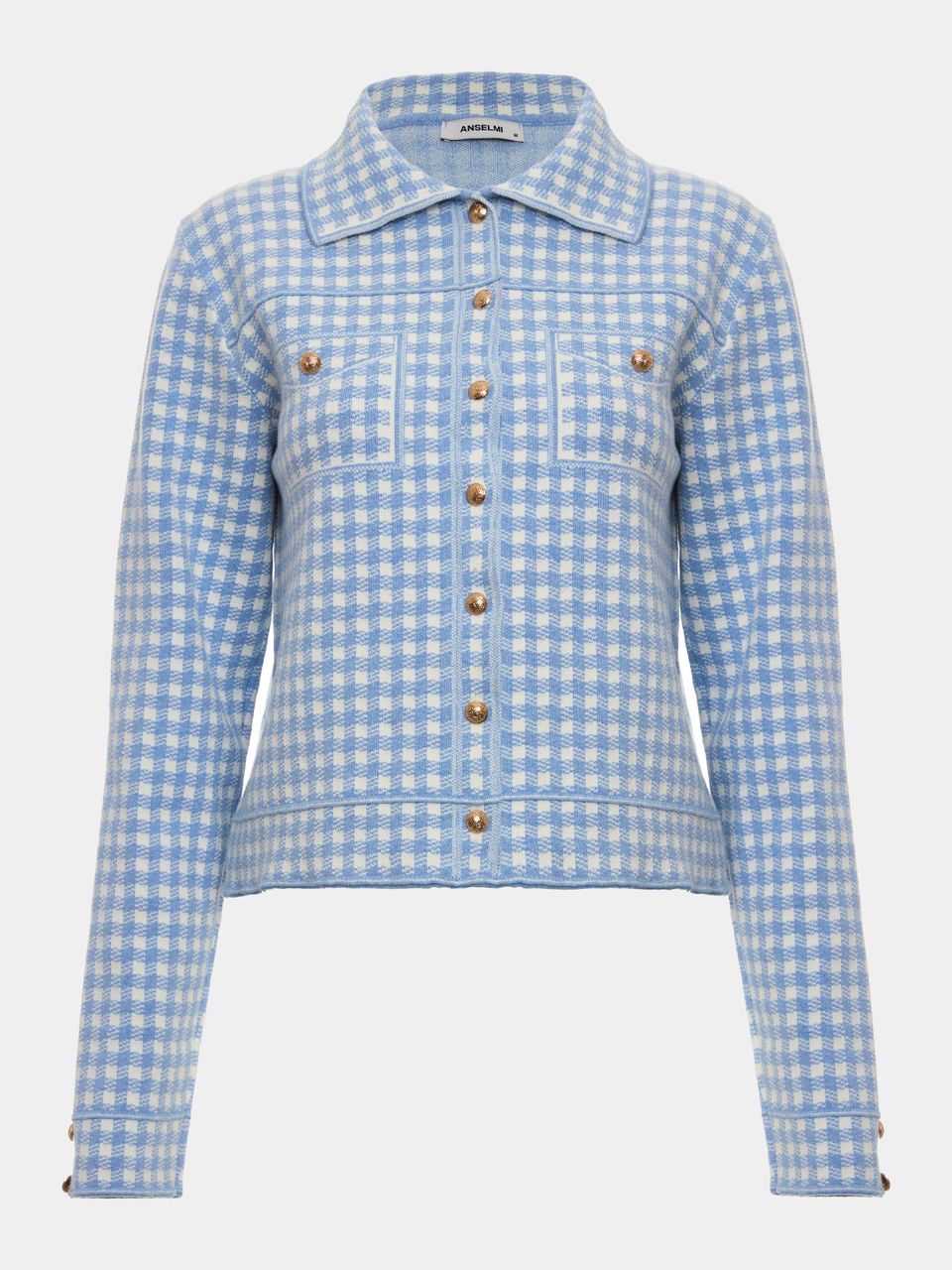 Casaco Curto de Tricô Jacquard com Botões Azul