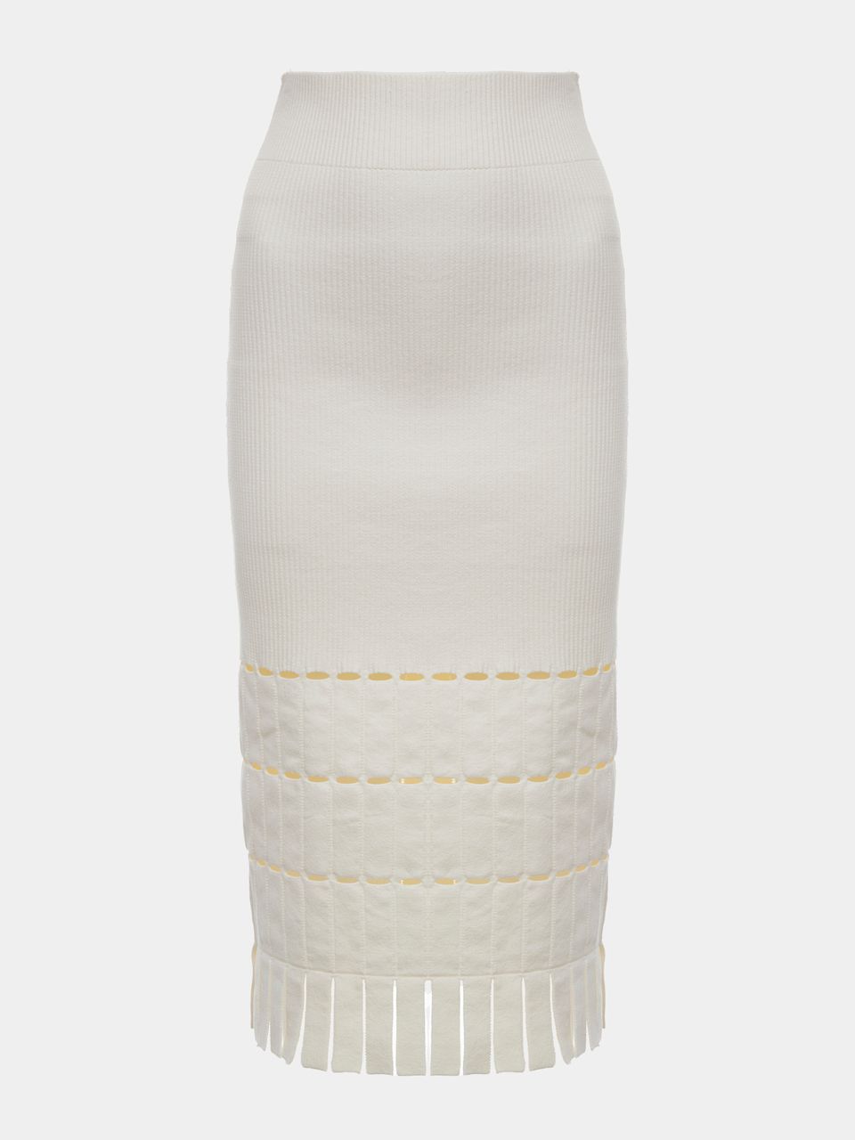 Saia Midi de Tricô Canelada com Franjas Off White