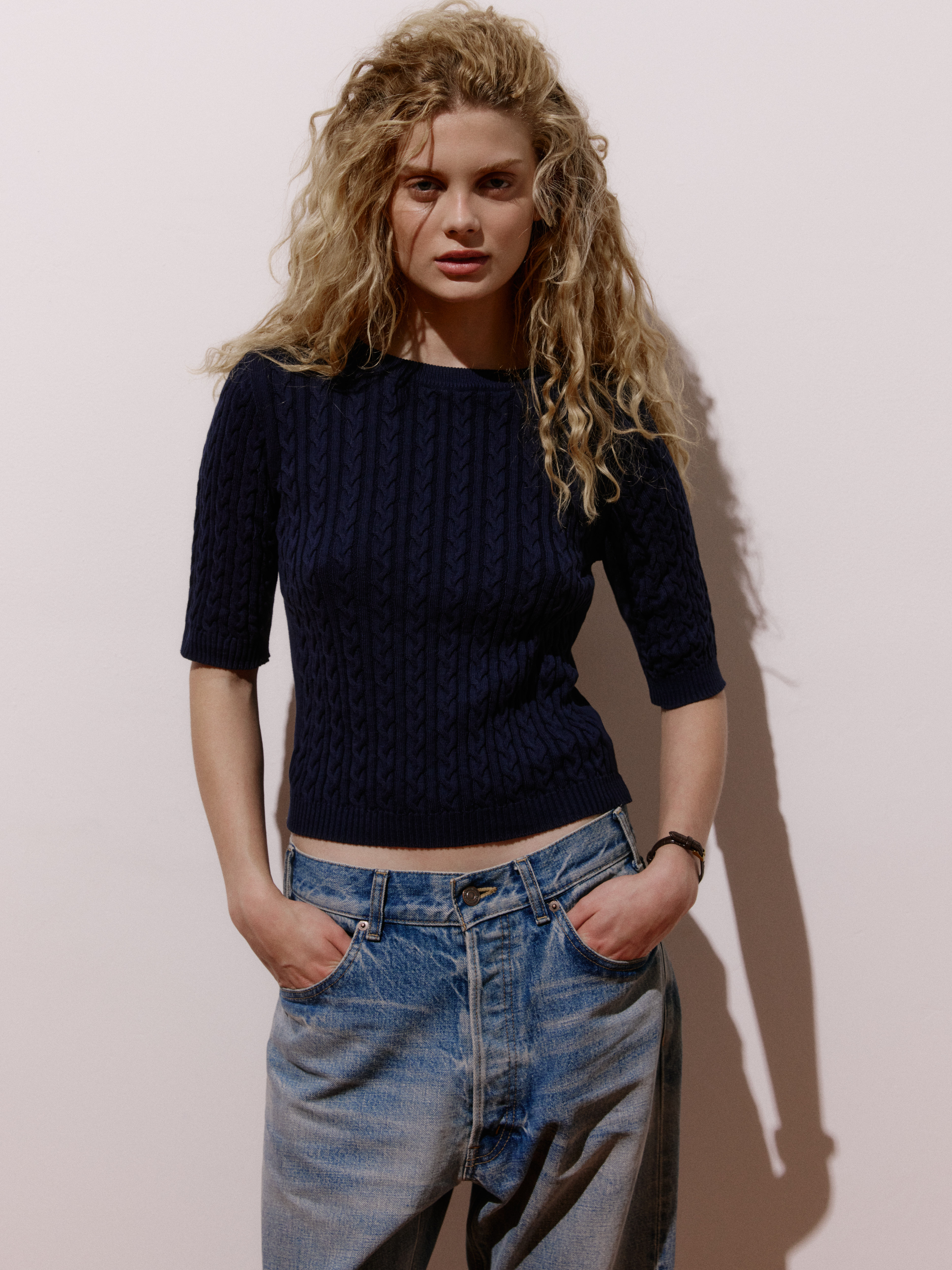 Blusa de Tricô em Algodão com Tranças Azul Meia Noite — Anselmi