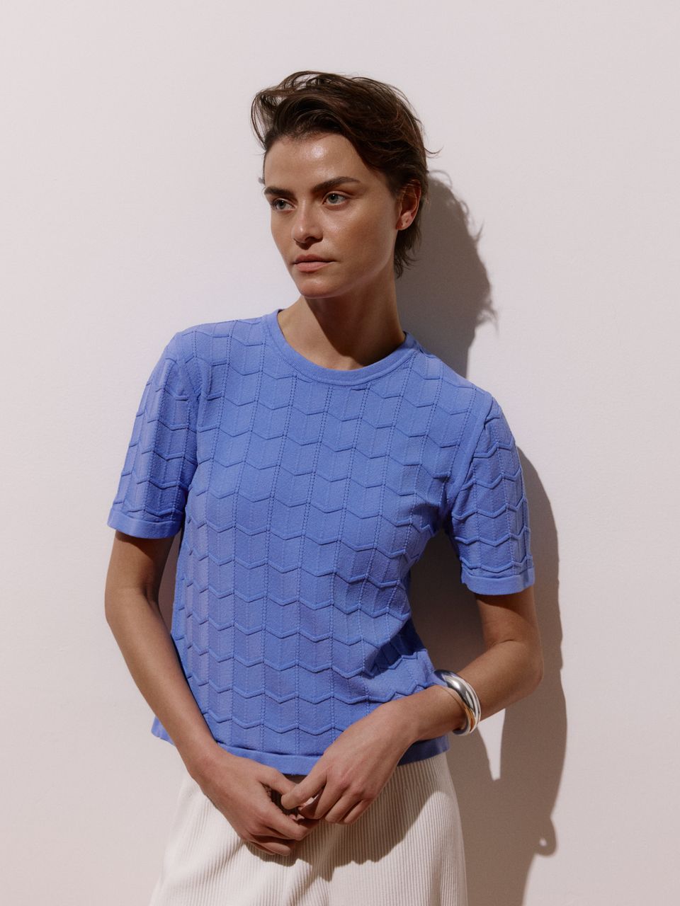 Blusa de Tricô em Modal com Manga Curta Cerúleo